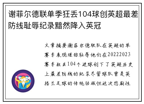 谢菲尔德联单季狂丢104球创英超最差防线耻辱纪录黯然降入英冠 谢菲尔德联单季狂丢104球创英超最差防线耻辱纪录黯然降入英冠